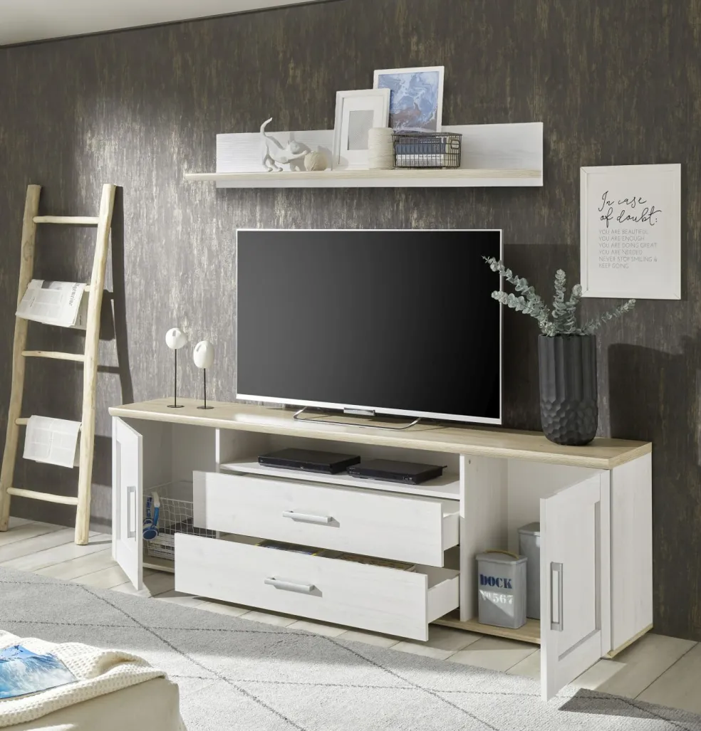 Banc TV avec étagère murale BIEL