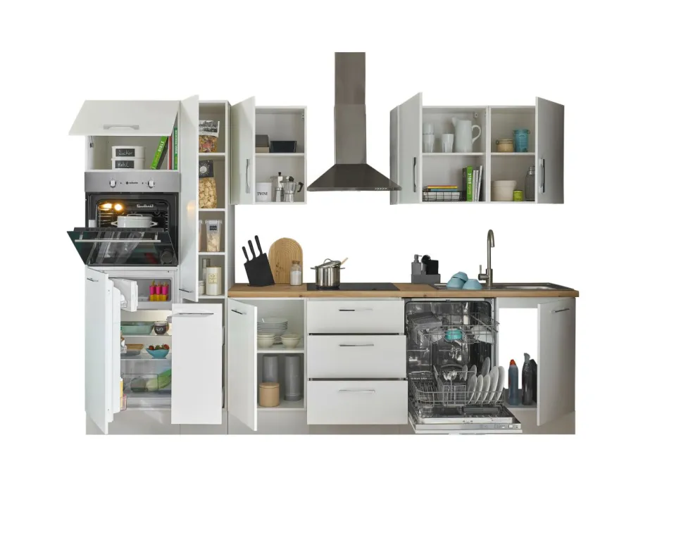 Bloc cuisine avec électroménager CORNWALL (bloc cuisine-four-lave-vaisselle-réfrigérateur-armoire coulissante) I