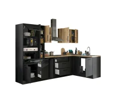 Bloc cuisine avec électroménager CORNWALL (cuisine d'angle-four-micro-ondes-armoire coulissante) III-Bega BBK Hot