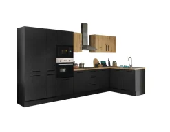 Bloc cuisine avec électroménager CORNWALL (cuisine d'angle-four-lave-vaisselle-réfrigérateur-micro-ondes-armoire coulissante) III-Bega BBK Hot