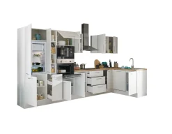 Bloc cuisine avec électroménager CORNWALL (cuisine d'angle-four-lave-vaisselle-réfrigérateur-micro-ondes-armoire coulissante) I