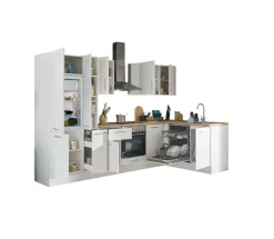 Bloc cuisine avec électroménager CORNWALL (cuisine d'angle-lave-vaisselle-réfrigérateur-armoire coulissante) I